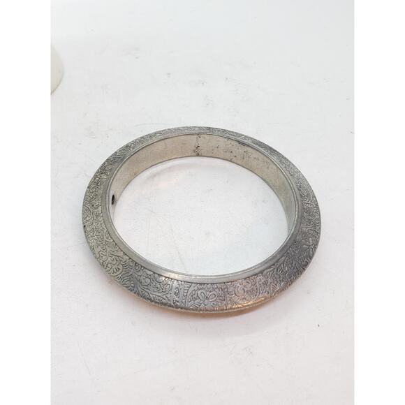 Engraved Etched Floral Silver Plated Bangle Bracelet Wide Domed Fancy Chunky - Picture 7 of 10